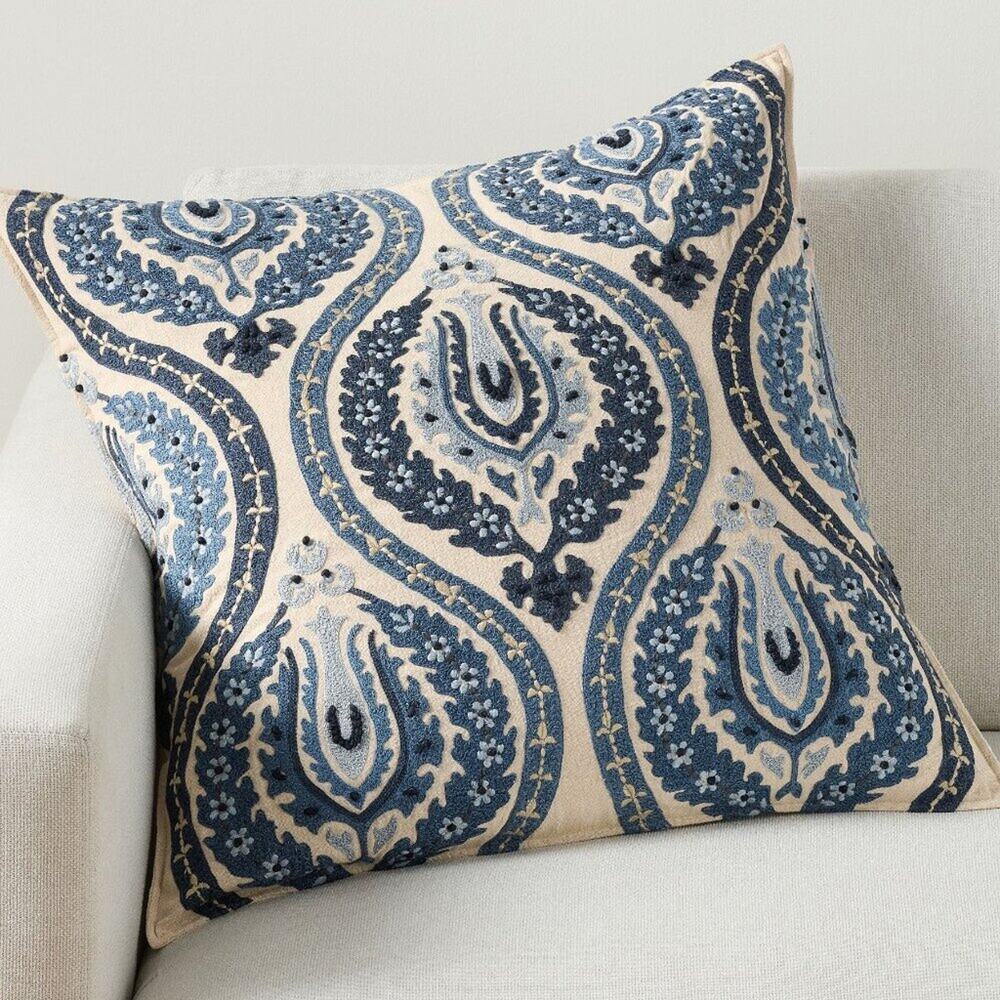 Pottery Barn Mansfield Embroidered Pillow Cover Blue Beige 24" Square NEW